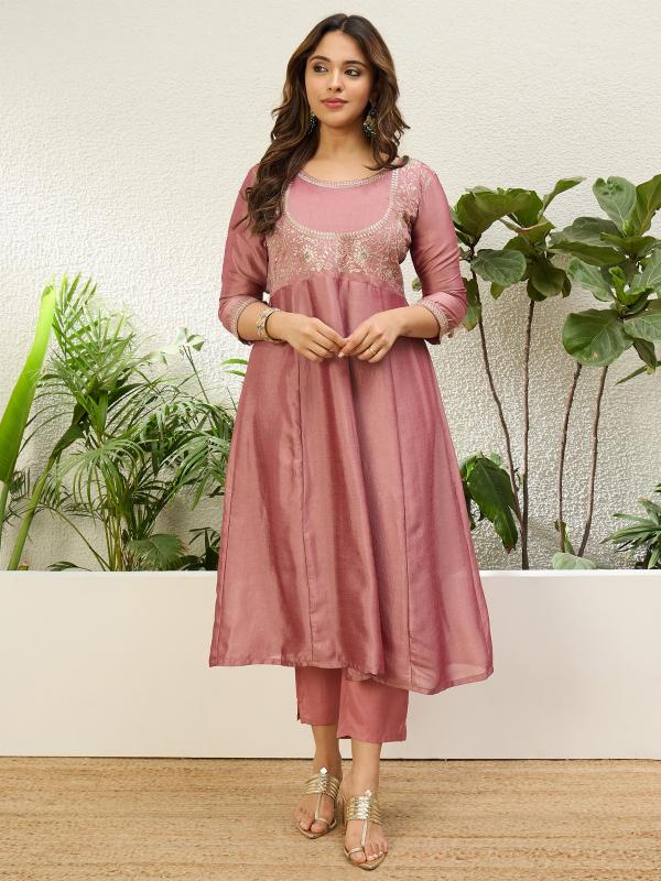 9875 P Women’s Silk A line Kurta Pent Dupatta Sets with Zari Embroidery Work | 3pcs Ethnic Set